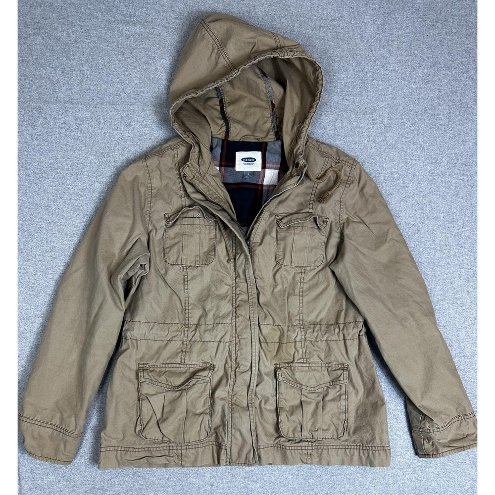 Old Navy Jacket Womens Large Brown Hooded Zip Utility Field Cotton Plaid Lined